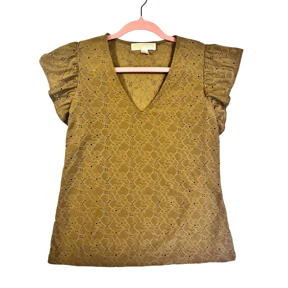 Michael Kors Women Brown Eyelet Flutter Sleeve V-Neck Top Blouse Small